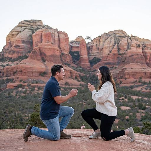 Photograph of a man in a black t-shirt and jeans, kneeling, proposing to a woman in a white sweater and black pants, kneeling, against