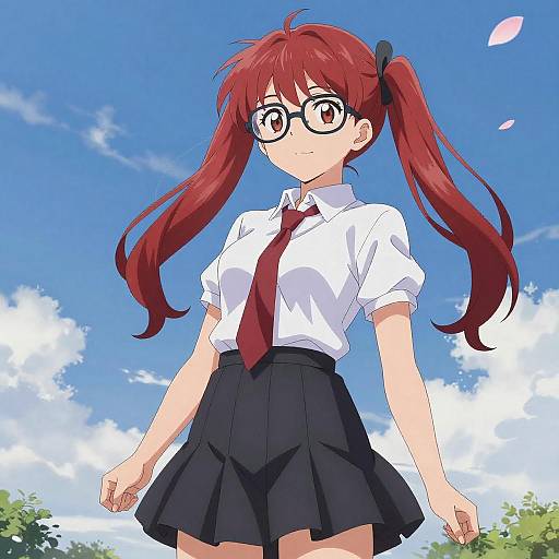 Anime Girl with Red Twin-Tail Hair Outdoors
