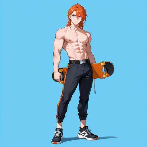 Wiry Young Man with Skateboard and Frown Wiry Young Man with Skateboard and Frown