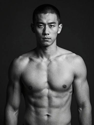Black-and-white photograph of a muscular, shirtless Asian man with short hair, standing against a dark background, highlighting his defined chest and abs.