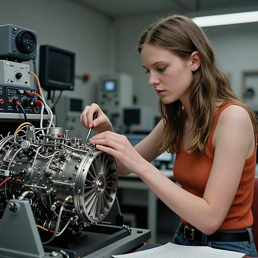 Photograph of a young white woman with long brown hair, wearing an orange tank top, working on a complex mechanical engine in a brightly lit workshop.