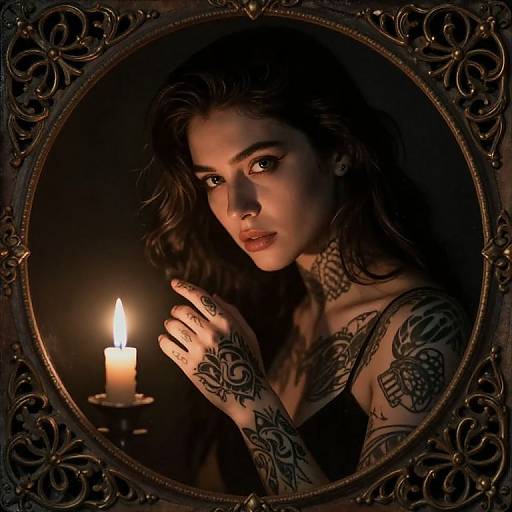 Tattooed woman with dark wavy hair, illuminated by candlelight, framed in ornate, dark, circular frame, showcasing intricate arm tattoos