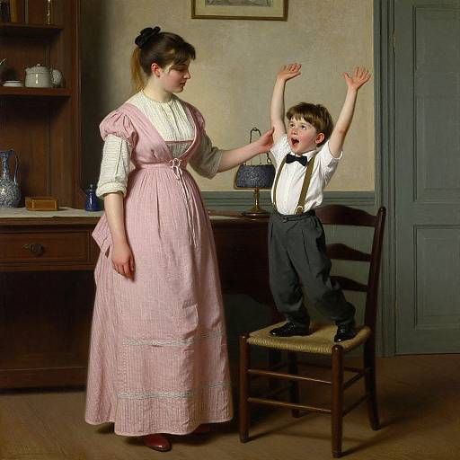 Photograph of a Victorian-style woman in a pink dress and white blouse, standing beside a young boy in a white shirt and black pants, raising his