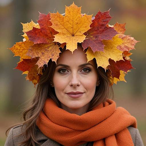 Photograph of a woman with brown hair, wearing an orange scarf and a headpiece of vibrant autumn leaves, smiling softly outdoors.