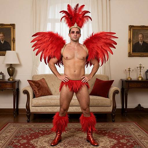 Photograph of a muscular, shirtless man with red feather headdress, wings, boots, and loincloth, standing confidently in a vintage living