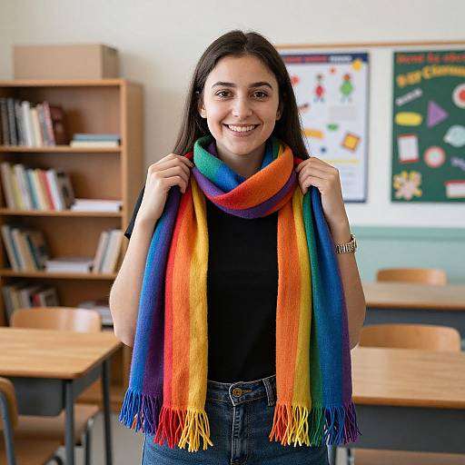 Photograph of a smiling young woman with long dark hair, wearing a rainbow scarf, black shirt, and jeans, standing in a brightly lit classroom with