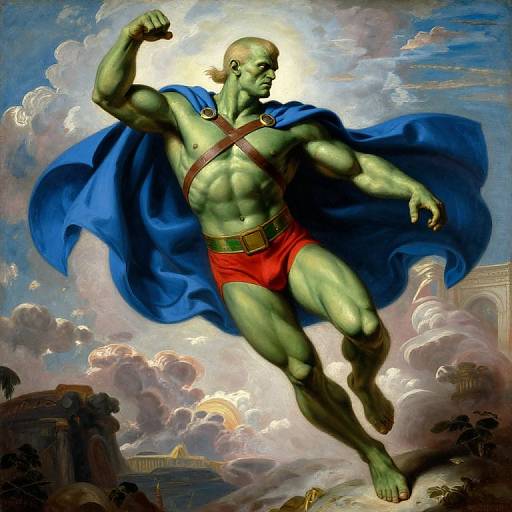 Digital painting of a muscular, green-skinned superhero with a bald head, blue cape, red shorts, flexing his bicep, soaring above