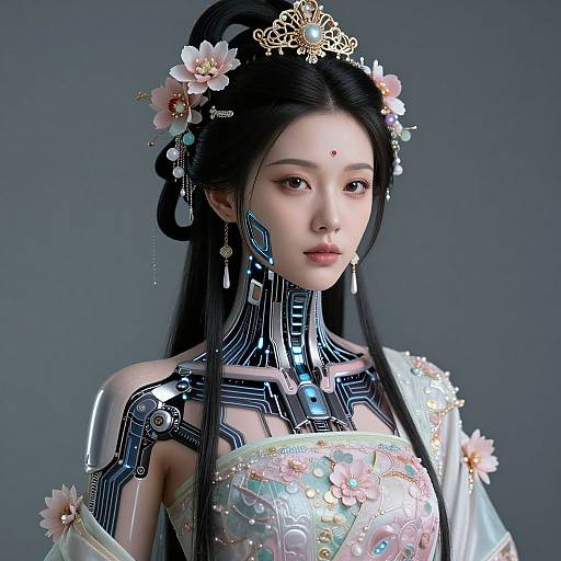 Digital art of an Asian woman with long black hair, wearing a futuristic, armored top adorned with flowers and a jeweled tiara, set against a