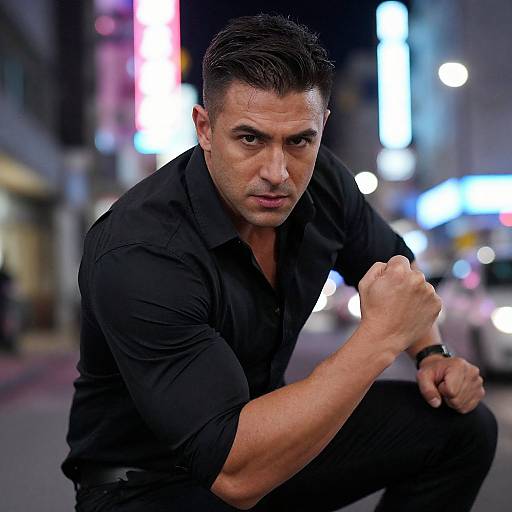 Photograph of a muscular man with short dark hair, wearing a black shirt, crouching in a city street at night, intense expression, blurred