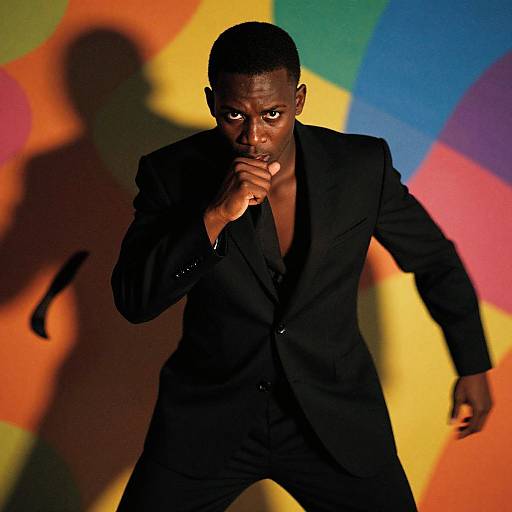 Photograph of intense, dark-skinned man in black suit, holding microphone against vibrant, multicolored geometric background, shadow cast to the left.