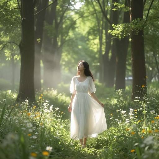Photograph of a woman in a flowing white dress, standing in a sunlit, forested meadow with dappled light and wildflowers.