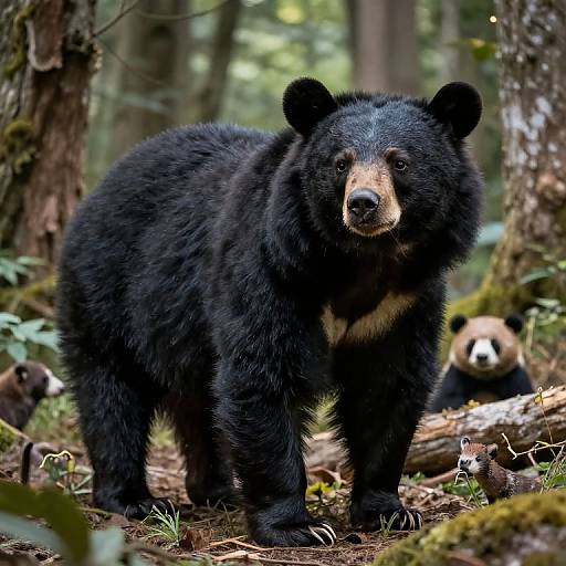 Photograph of a black bear with thick, glossy fur standing in a forest, surrounded by trees and blurred bear cubs in the background.