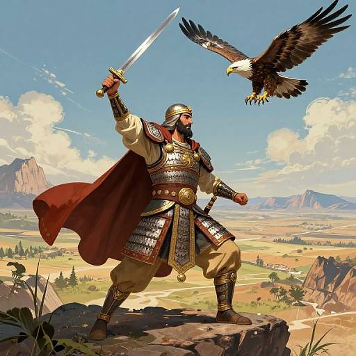 Digital artwork of a bearded warrior in ornate armor, holding a sword, with a soaring eagle, standing on a rocky outcrop in a vast