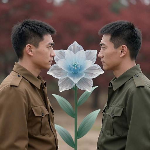Dramatic Portrait: Men and Blue Flower