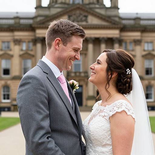 Photograph of a smiling bride and groom in wedding attire, facing each other, in front of a grand, historic stone building.
