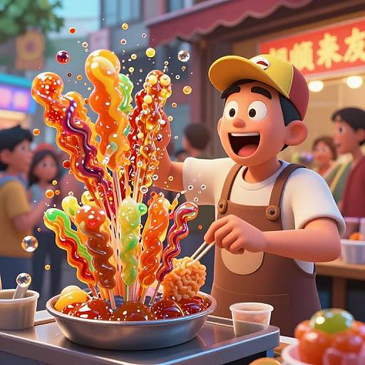 Vibrant Animated Asian Candy Vendor