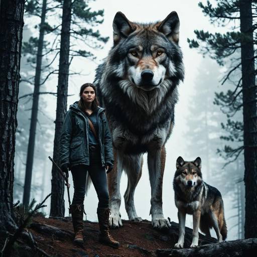 Hunter with Giant Wolf in Foggy Pine Forest