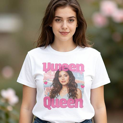 Photograph of a young woman with long brown hair, wearing a white T-shirt with a pink 