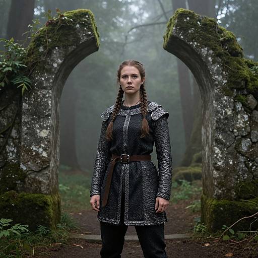 Medieval Woman in Misty Forest