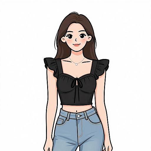 Digital illustration of a young woman with long brown hair, black ruffled crop top, and blue jeans, smiling against a white background.