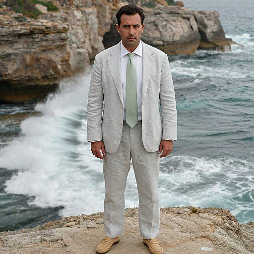 Photograph of a serious, dark-haired man in a light gray suit, white shirt, and green tie, standing on rocky cliffs by crashing waves.