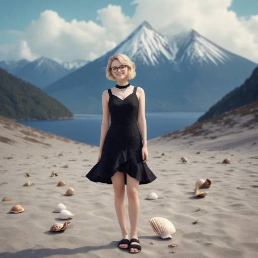 Woman in Black Dress on Sandy Beach with Mountains