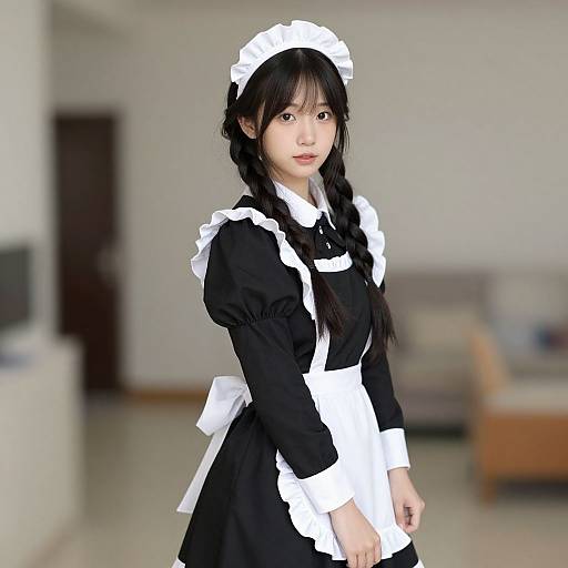 Photograph of an Asian woman with long black hair in braids, wearing a traditional black and white French maid outfit, standing in a blurred, modern
