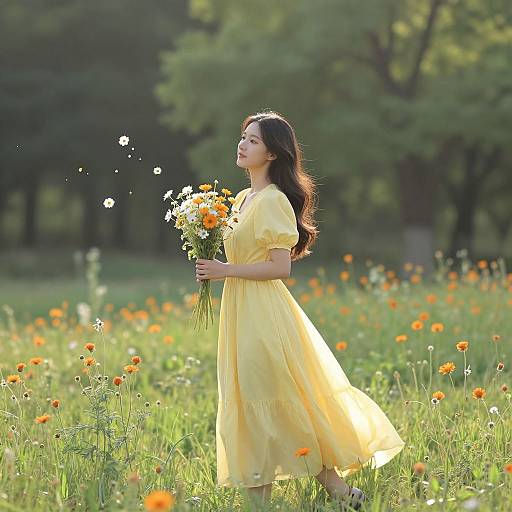 Photograph of an Asian woman in a yellow dress, holding a bouquet of flowers, standing in a sunlit field with orange and white poppies.