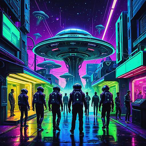 Retro-Futuristic Alien Street Scene with Android Performers