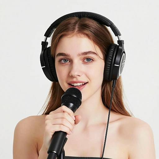 Young Woman Singing with Headphones and Microphone