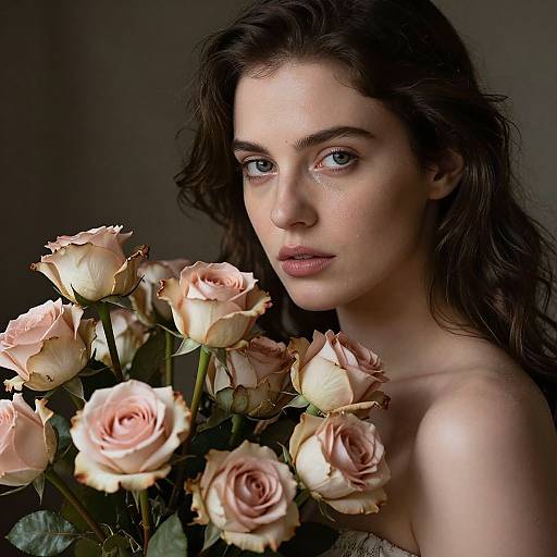 Photograph of a beautiful young woman with fair skin and dark, wavy hair, holding a bouquet of pale pink roses, gazing intently at