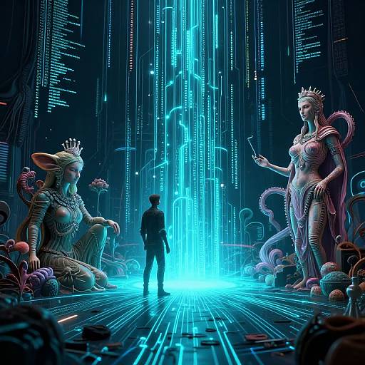 Digital artwork of a futuristic scene with a small human standing between two towering, glowing, cybernetic goddesses, surrounded by neon lights and glowing blue