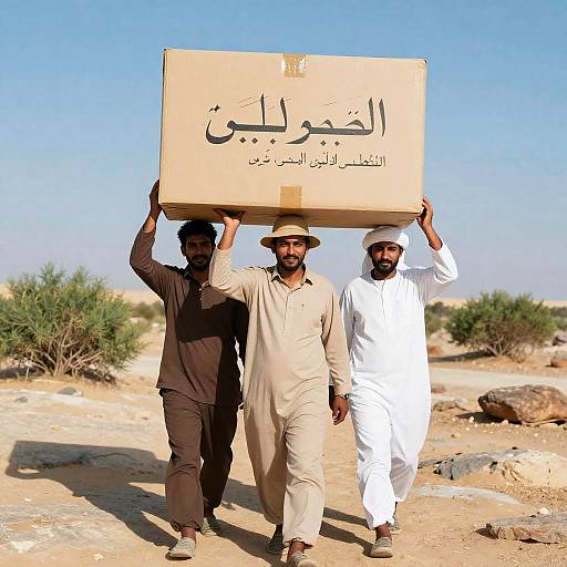 Men Carrying Box in Desert Landscape