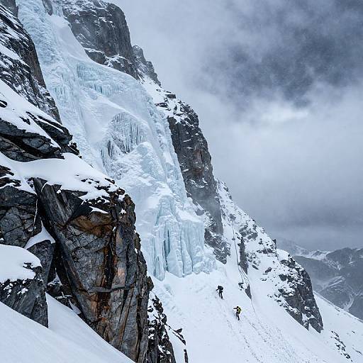 Photograph of a towering, snow-covered mountain peak with dark rocky cliffs, icy blue glacier, and a small, distant hiker in the foreground.