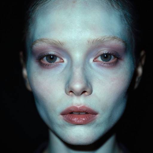 Photograph of a pale-skinned woman with blue-tinted face, light pink lips, and blue eyes, set against a dark background.