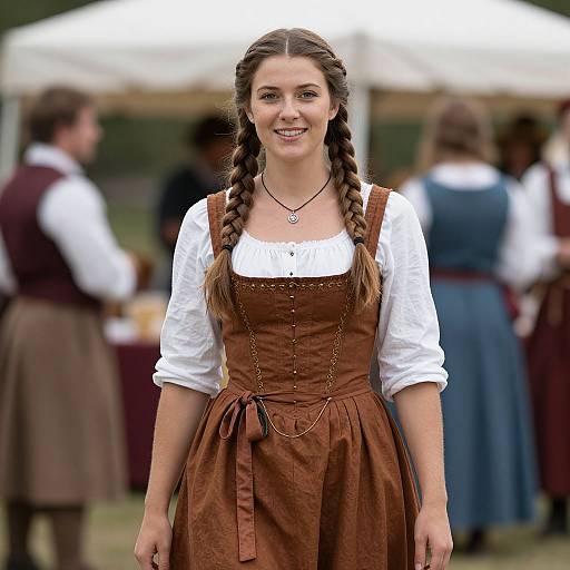 Photograph of a smiling young woman with braided brown hair, wearing a white blouse and brown dirndl dress, standing at an outdoor festival with blurred