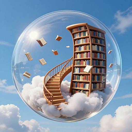 Photorealistic digital art: wooden library tower with spiral staircase inside a clear glass bubble, floating on fluffy clouds, blue sky background, books flying around