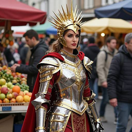 Photograph of a woman in medieval-style golden armor and red cape, wearing a crown, standing in a bustling outdoor market.