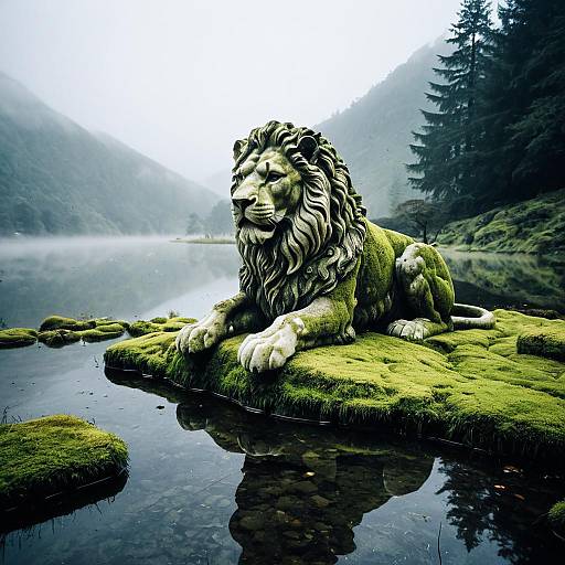 Moss-Covered Stone Lion Statue in Mountain Pond