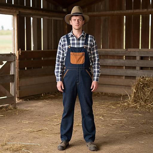 Photograph of a young white man in a barn, wearing a plaid shirt, blue overalls with a brown pocket, grey hat, and brown