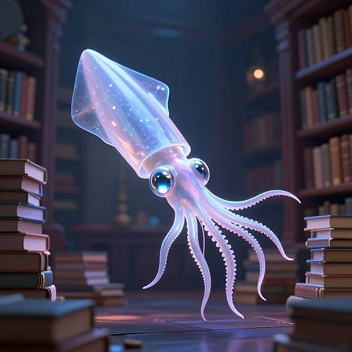 Glowing blue octopus with sparkling eyes floats between stacked books in a dimly lit, mysterious library. CGI digital art.