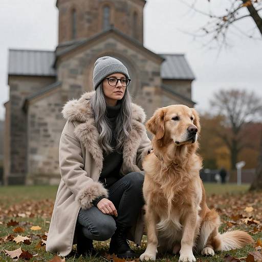 Woman and Golden Retriever in Autumn Setting