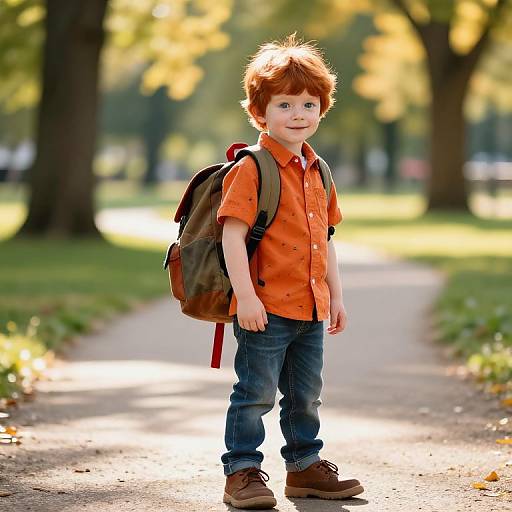 Confident Red-Haired Boy in Sunny Park