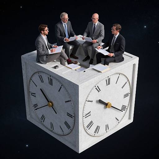 Photorealistic CGI of four suited businessmen with diverse ethnicities and balding heads, seated on a floating, white clock cube, discussing papers against a
