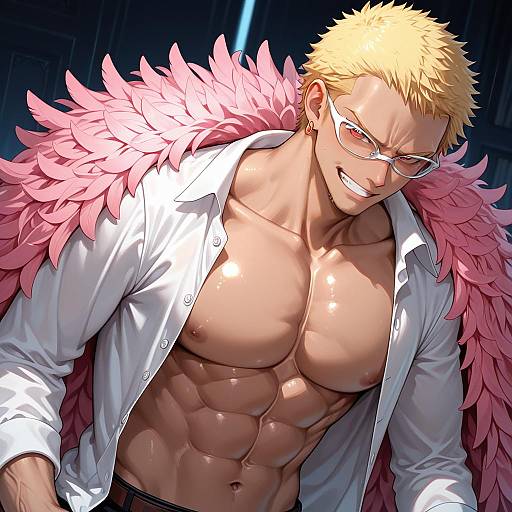 Illustration of Donquixote doflamingo, one piece in the style of Hiiragi hazime