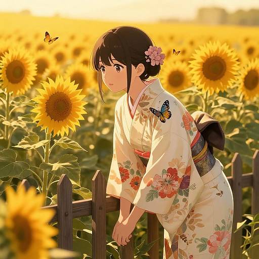 Anime-style drawing of a young woman in a floral kimono, leaning on a fence in a sunlit sunflower field, with butterflies fluttering nearby