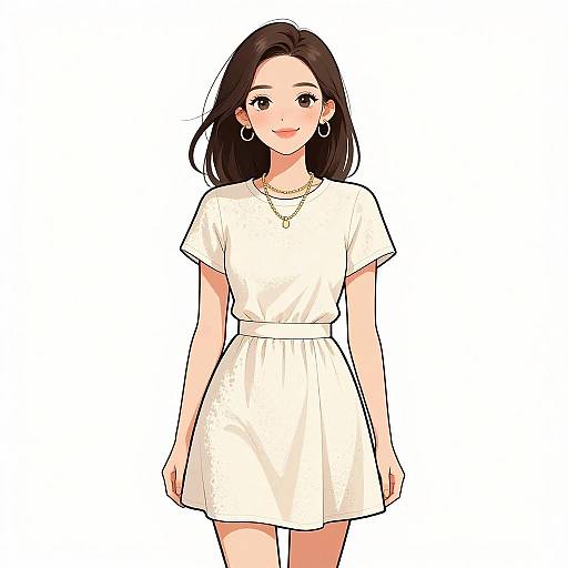 Digital anime-style drawing of a smiling woman with long black hair, wearing a white short-sleeved dress, hoop earrings, and necklace.