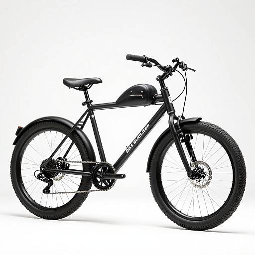 Photograph of a black mountain bike with thick tires, a comfortable black seat, and a sleek frame, labeled 