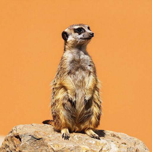 Photograph of a meerkat standing on a rock against a bright orange background, showcasing its brown and black fur, black eyes, and upright posture