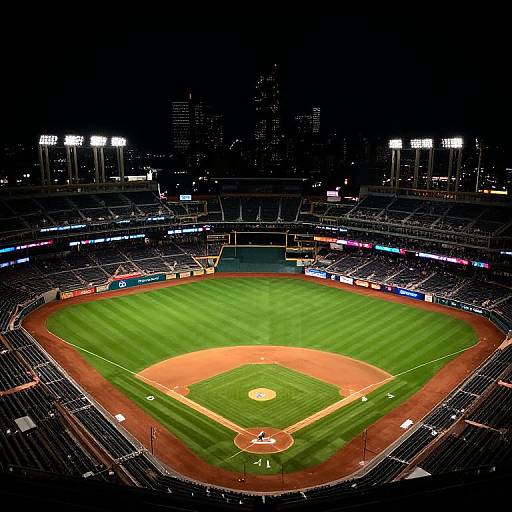 Aerial photograph of a brightly lit, empty baseball stadium at night with a green field, red dirt, and city skyline in the background.